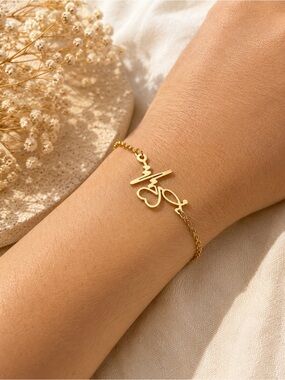 Gold Script Heart Nameplate Bracelet - Women Jewelry